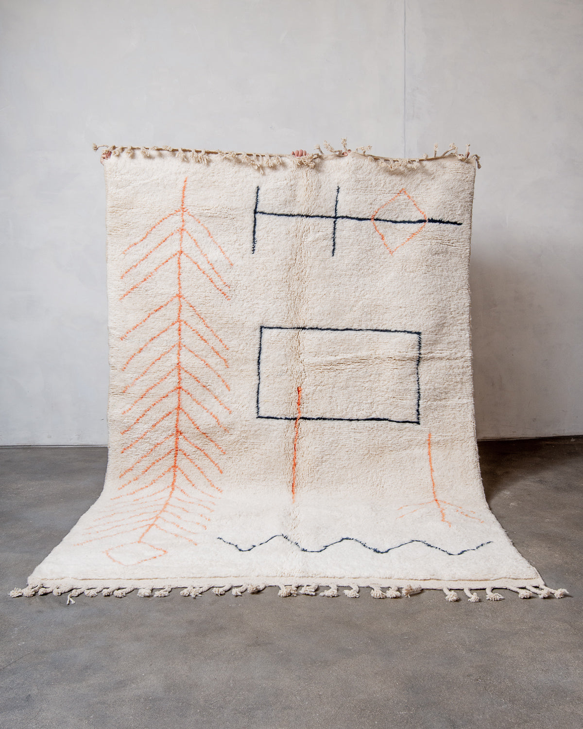 Modern, designer, handcrafted Berber rug from Morocco. Beniourain carpet with beautiful colours and patterns and fluffy wool texture.